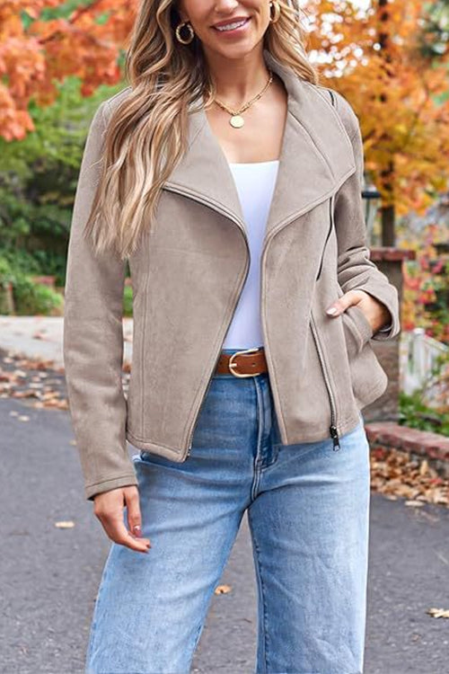 Zip Up Pocketed Faux Suede Moto Jacket