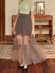 A-Line High Waisted Pleated See-Through Split-Joint Tulle Skirts Bottoms