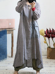 Loose Vintage Linen Plaid Round-neck Long Dress