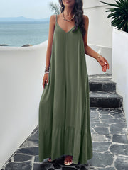 Loose Sleeveless Pleated Solid Color Split-Joint Spaghetti-Neck Maxi Dresses