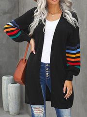 Long Sleeves Loose Colorful Contrast Color Striped Collarless Cardigan Tops