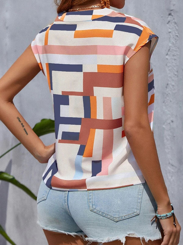 Loose Sleeveless Printed V-Neck T-Shirts Tops