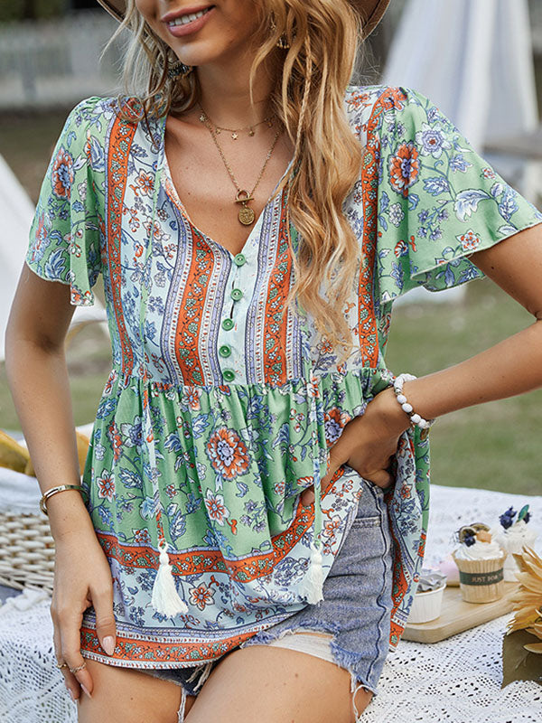 Loose Short Sleeves Buttoned Flower Print Split-Joint Tasseled Tied V-Neck T-Shirts Tops