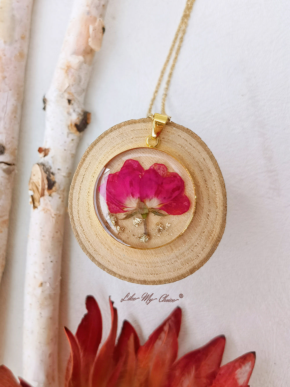 Eternal Bloom Round Necklace - Red Flower in Resin