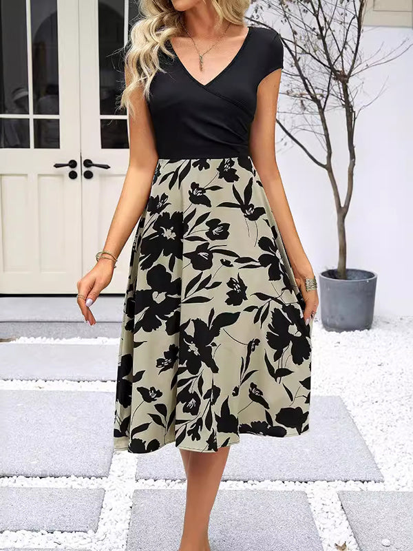 Loose Short Sleeves Floral Printed Pleated Split-Joint V-Neck Midi Dresses