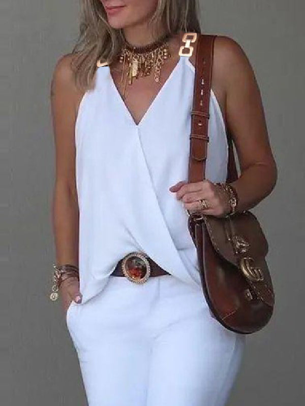 Sleeveless Solid Color Split-Joint V-Neck Vest Top