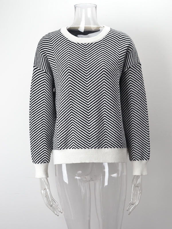 Long Sleeves Loose Striped Round-Neck Knitwear Pullovers Sweater Tops