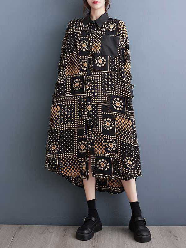 A-Line High-Low Asymmetric Buttoned Pockets Printed Split-Joint Lapel Midi Dresses