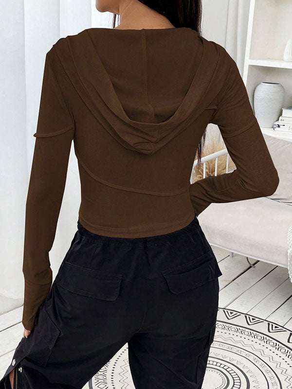 Hooded Long Sleeves Hollow Solid Color Split-Joint V-Neck T-Shirts Tops