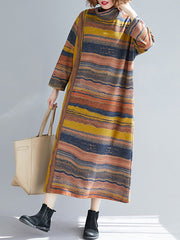 A-Line Long Sleeves Asymmetric Striped High Neck Midi Dresses