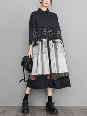 A-Line Long Sleeves Buttoned Gauze Printed Split-Joint Lapel Midi Dresses