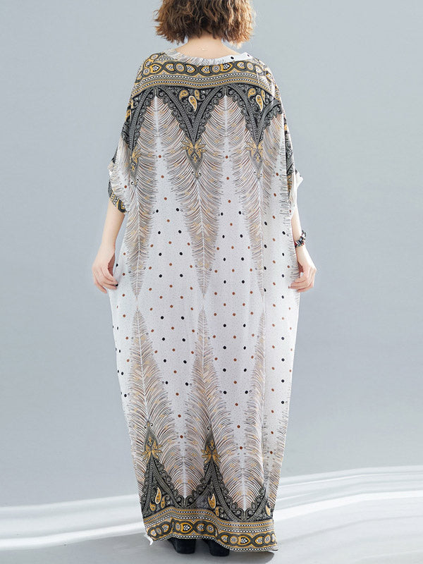 Ethnic Printed Plus Size V-Neck Batwing Sleeve Maxi Dress