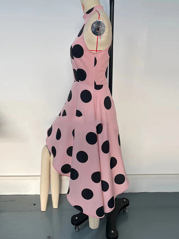 Loose Sleeveless Asymmetric Polka-Dot Halter-Neck Midi Dresses