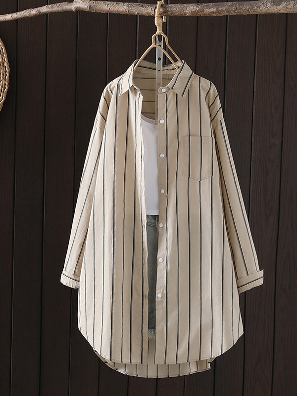 Irregular Clipping Long Sleeves Striped Lapel Shirts Tops