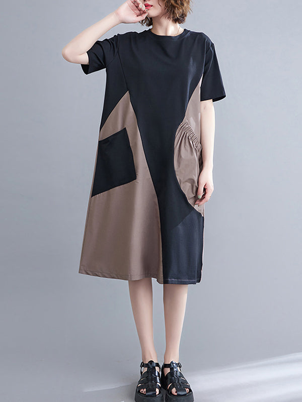 Original Loose Split-Joint Contrast Color Midi Dress