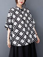 Batwing Sleeves High-Low Buttoned Plaid Printed Lapel Blouses&Shirts Tops