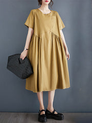 A-Line Loose Asymmetric Pleated Pockets Solid Color Split-Joint Round-Neck Midi Dresses