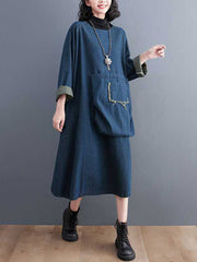 A-Line Long Sleeves Fringed Pockets Split-Joint Round-Neck Midi Dresses