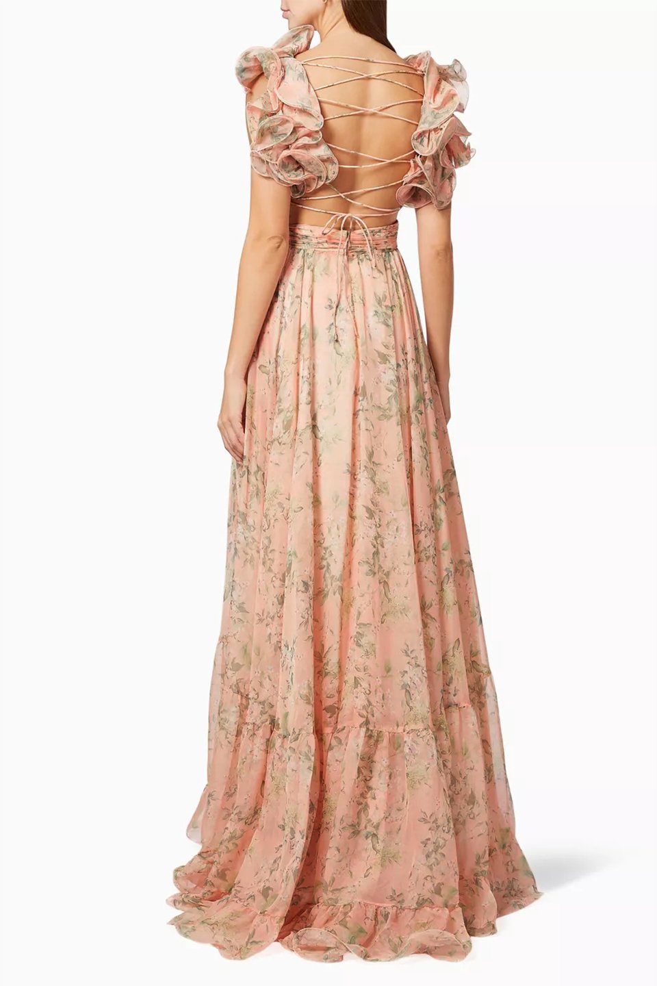 Ginny Printed Ruffle Lace Up Chiffon Maxi Dress