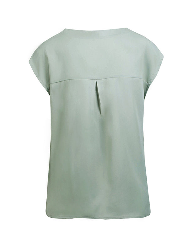 Cap Sleeve Loose Buttoned Solid Color V-Neck Blouses&Shirts Tops