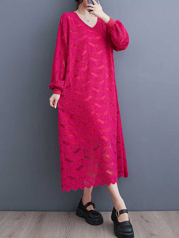 Bishop Sleeve Long Sleeves Jacquard V-Neck Midi Dresses