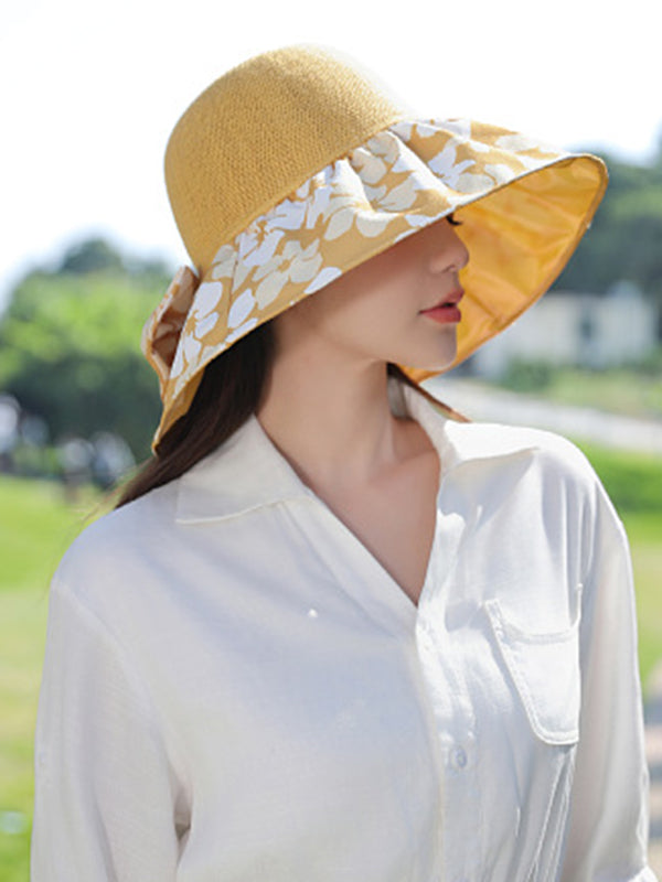 Bowknot Flower Print Pleated Split-Joint Sun Protection Fisherman Hat Sun Hat