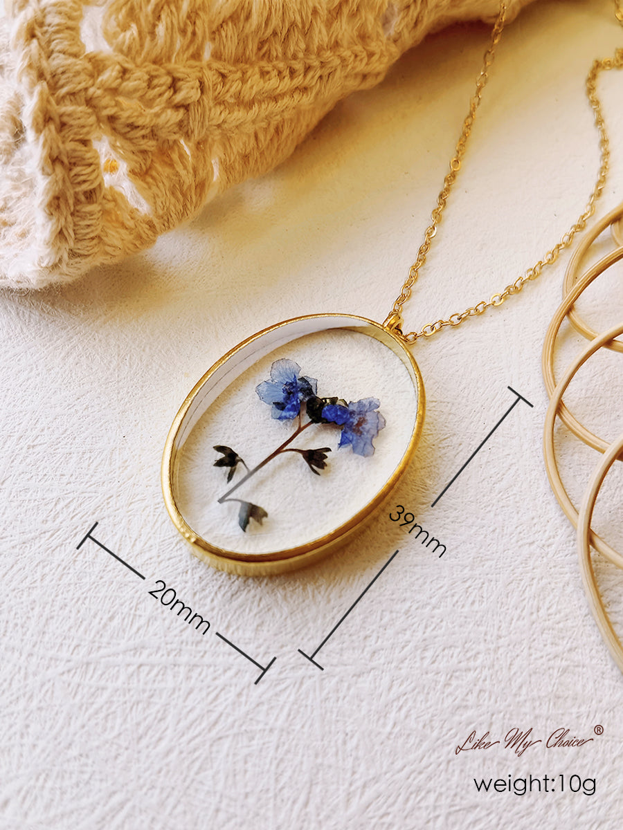 Pressed Flower Necklace -  Forget Me Not Flower Oval