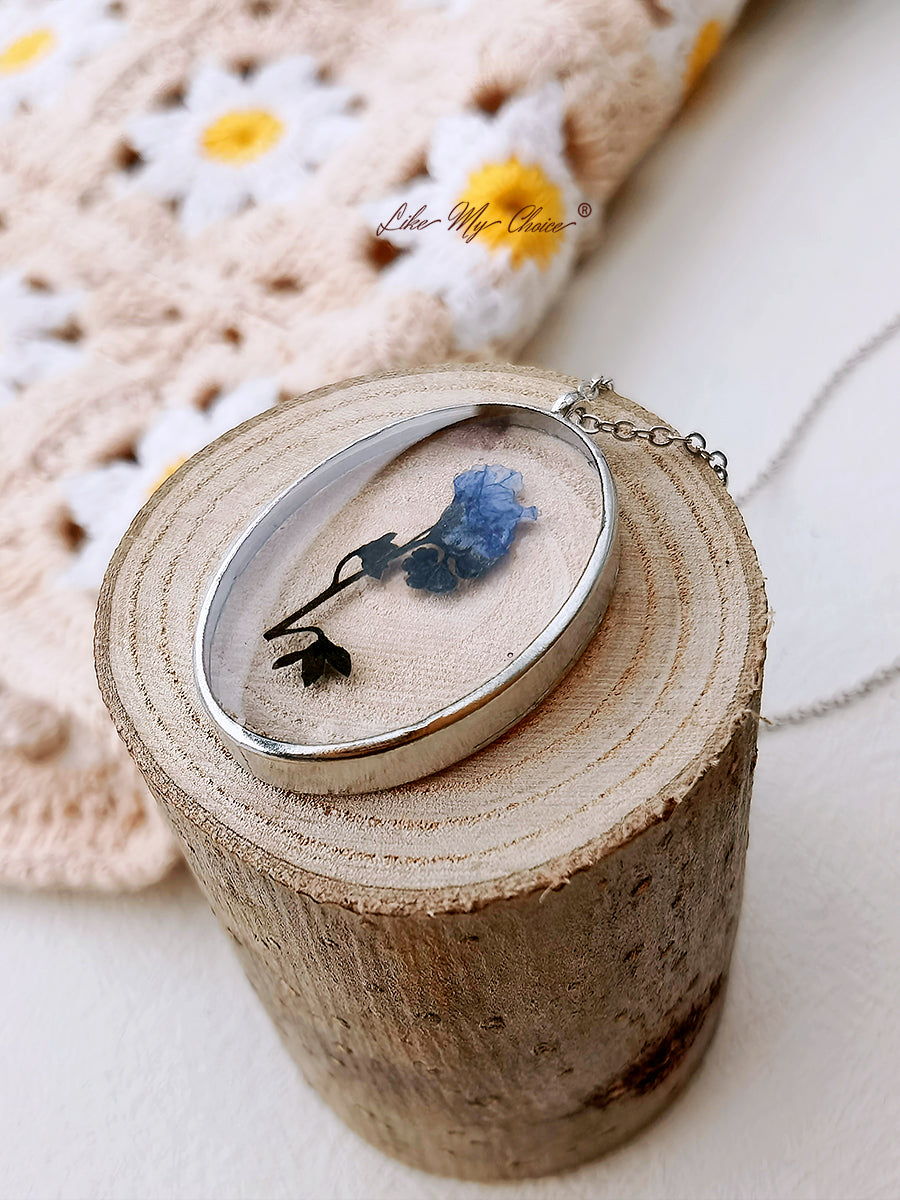 Pressed Flower Necklace -  Forget Me Not Flower Oval