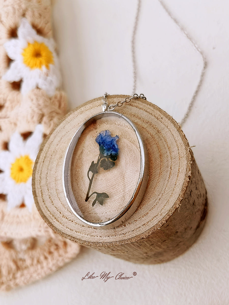 Pressed Flower Necklace -  Forget Me Not Flower Oval