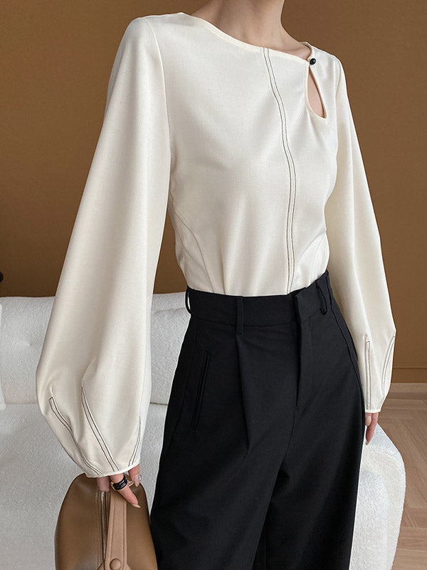 Long Sleeves Loose Asymmetric Belly-Hollow Solid Color Round-Neck Blouses&Shirts Tops