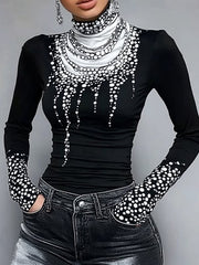 Long Sleeves Skinny Printed High-Neck T-Shirts Tops