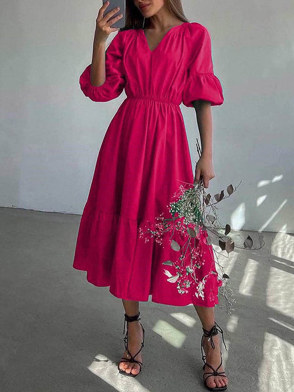 A-Line Half Sleeves Elasticity Pleated Solid Color V-Neck Midi Dresses