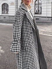 Long Sleeves Loose Houndstooth Split-Back Split-Joint Tied Waist Lapel Trench Coats