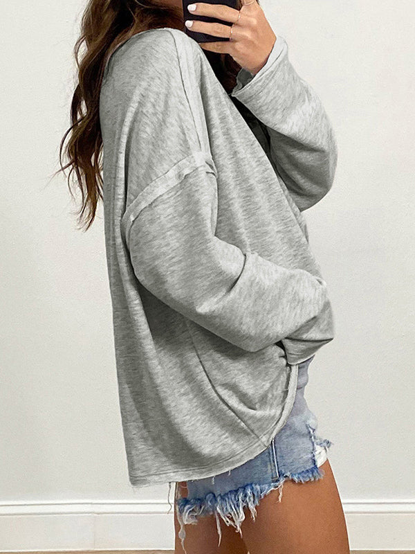 Long Sleeves Loose Pockets Solid Color Split-Joint Round-Neck T-Shirts Tops