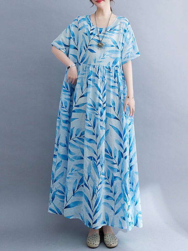 Loose Short Sleeves Leaf Pleated Printed Split-Joint Round-Neck Midi Dresses