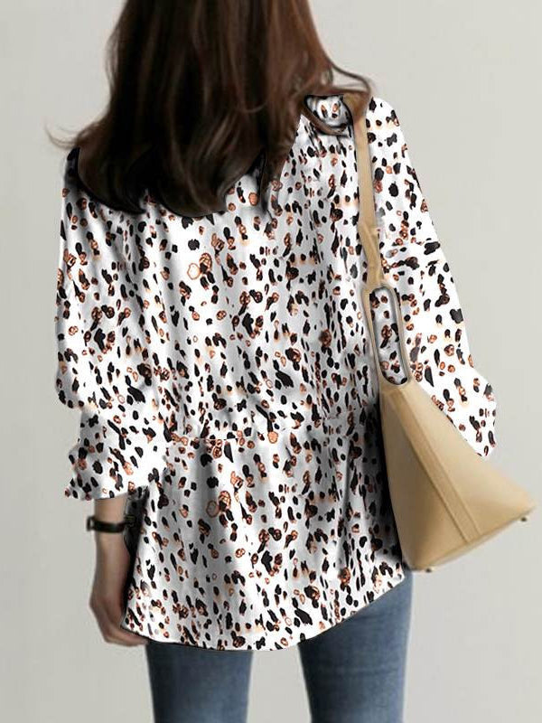 Long Sleeves Loose Drawstring Elasticity Leopard Tied V-Neck Blouses&Shirts Tops