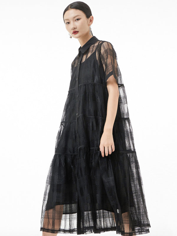 Original Solid Color Hollow See-Through Thin Midi Dress