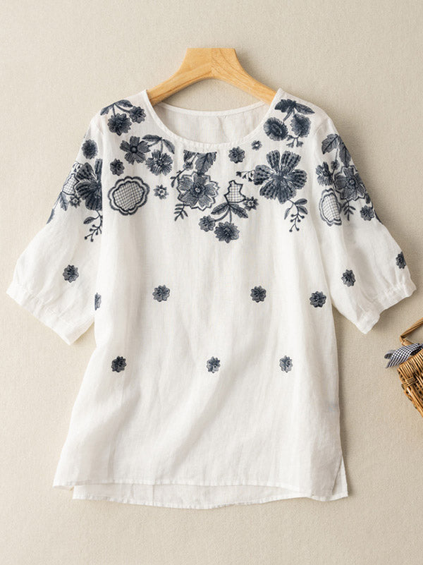 Vintage Embroidered Round-Neck Short Sleeves Shirts