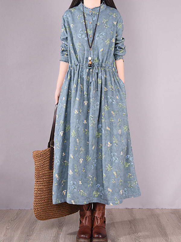 Vintage Floral Printed Ramie Cotton Loose Midi Dress