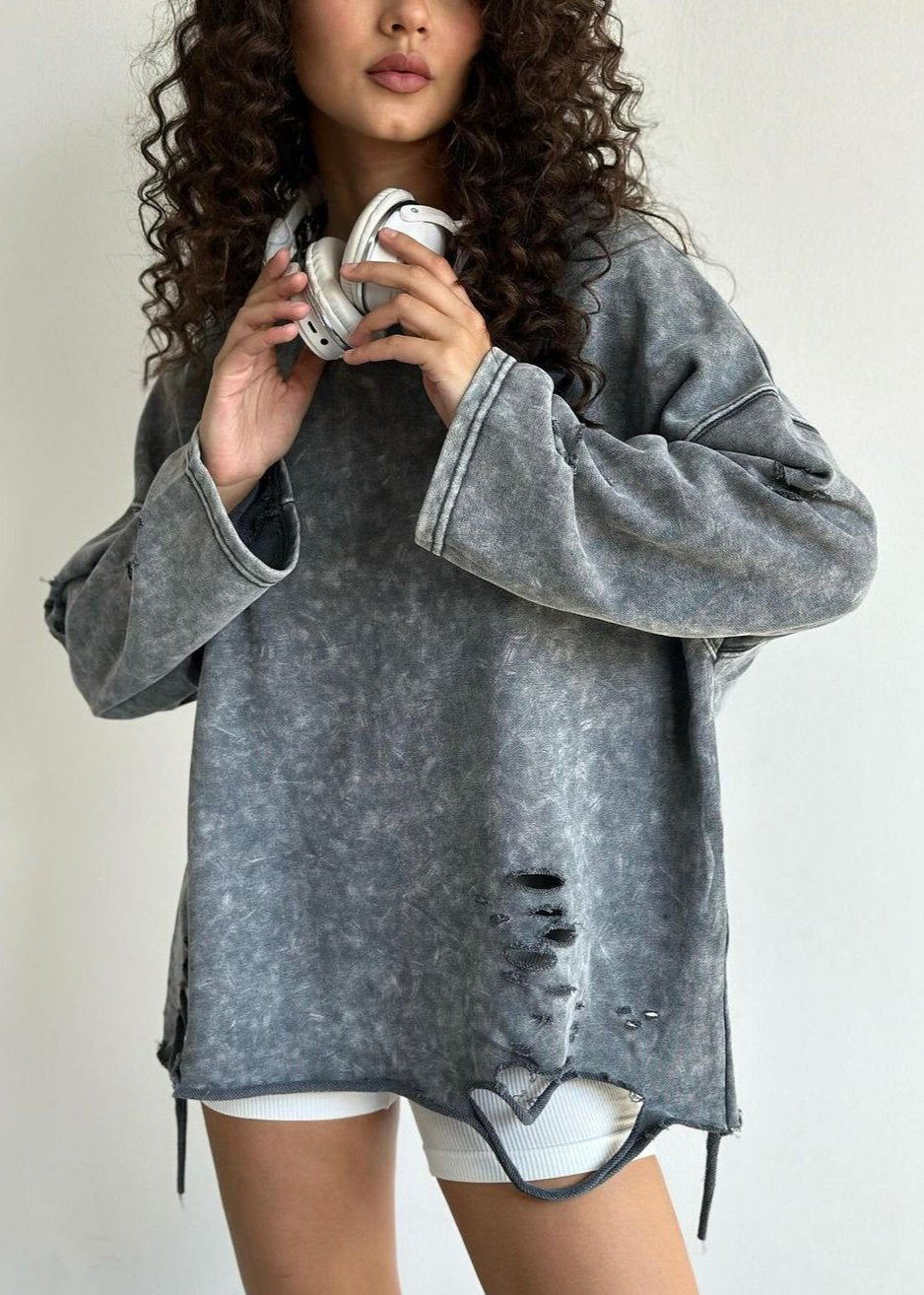 Distressed Relaxed Fit Crew Neck Sweater