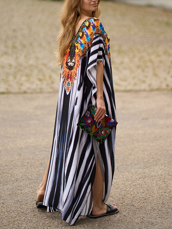 Batwing Sleeves Loose Printed Split-Side Striped V-Neck Beach Cover-Up Maxi Dresses