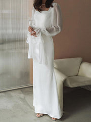 Flared Sleeves Skinny Gauze Pleated See-Through Solid Color Split-Joint Square-Neck Maxi Dresses