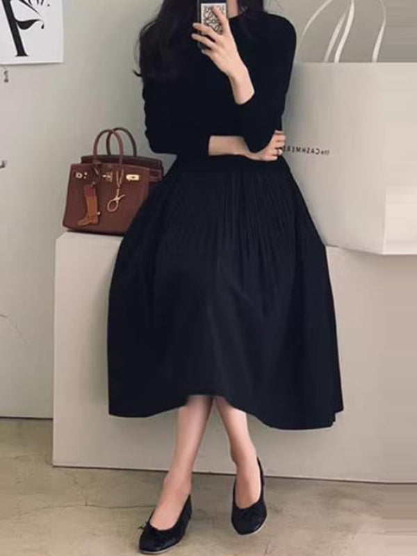 A-Line Long Sleeves Pleated Split-Joint Round-Neck Midi Dresses