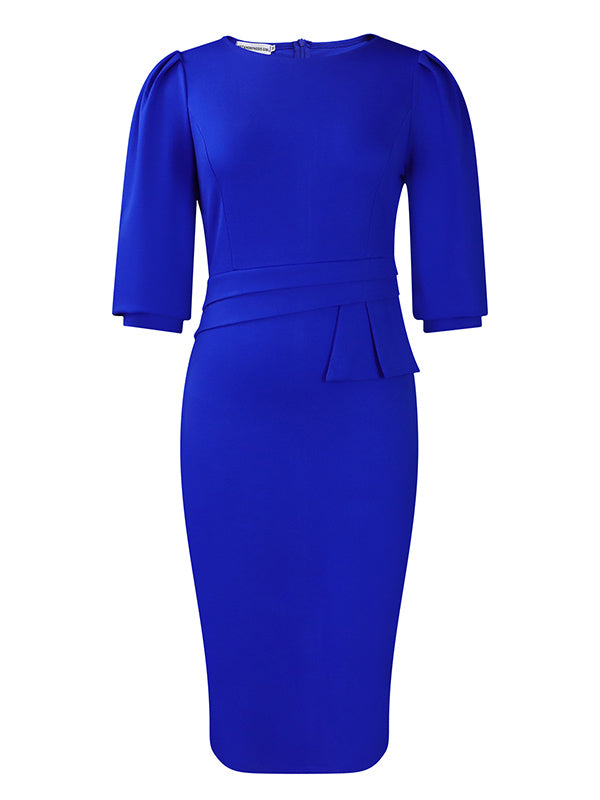 Bodycon Half Sleeves Pleated Solid Color Split-Back Split-Joint Zipper Round-Neck Midi Dresses