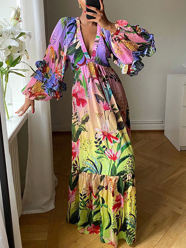 Bishop Sleeve High Waisted Flower Print Pleated Ruffled Split-Joint Deep V-Neck Maxi Dresses