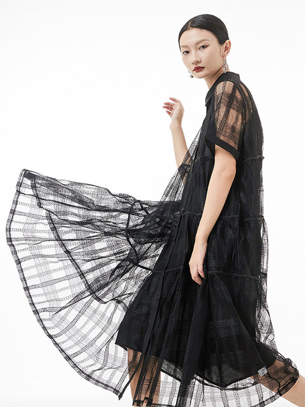 Original Solid Color Hollow See-Through Thin Midi Dress