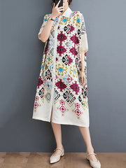 Loose Short Sleeves Ethnic Printed Lapel Midi Dresses