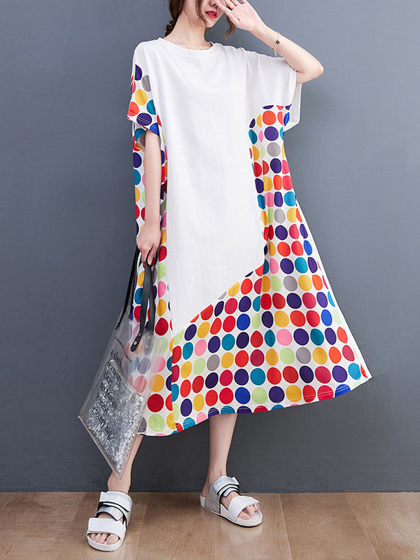 Loose Short Sleeves Multi-Colored Polka-Dot Split-Joint Round-Neck Midi Dresses