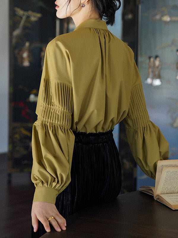 Long Sleeves Loose Pleated Solid Color Tied Mock Neck Blouses&Shirts Tops