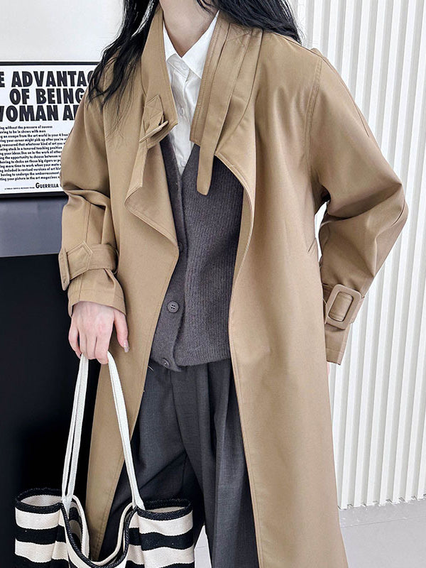 Long Sleeves Loose Buckle Pockets Solid Color Split-Back Tied Waist Lapel Trench Coats